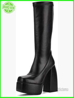 Mid Calf Knee High Combat Boots Side Zipper Chunky Heel Platform Punk Style